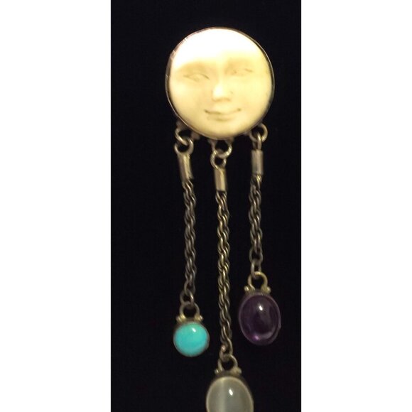 Carved Moon Face Sajen Dangle 925 Earrings Amethyst Turquoise & Moonstone - Picture 4 of 14